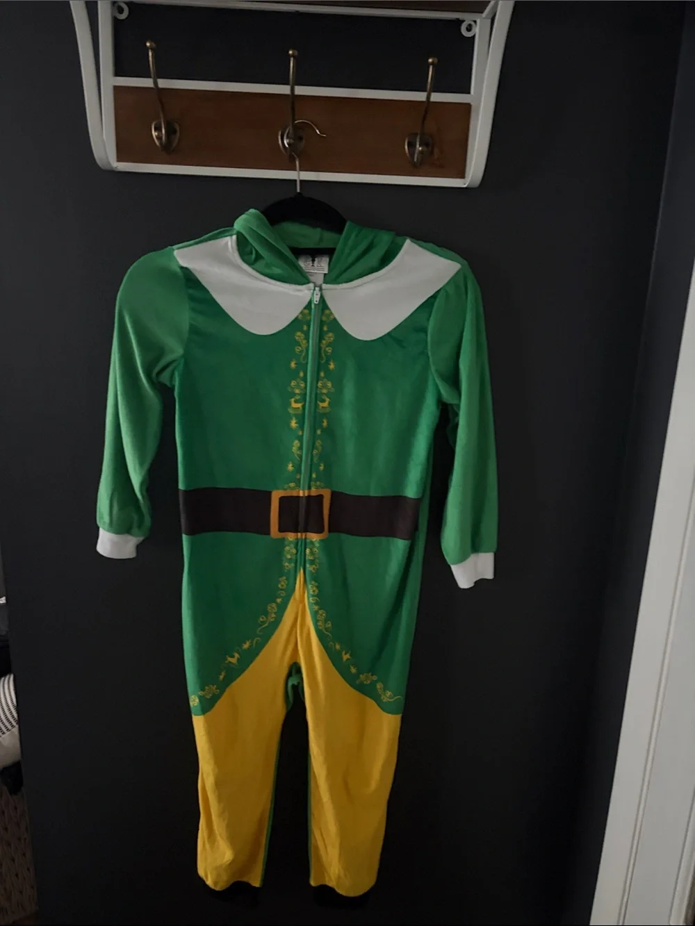 ELF Green and Yellow Hooded Elf Jumpsuit Costume with Printed Belt NWOT